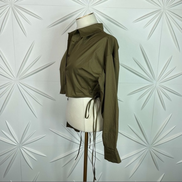 Khaki Button Down Crop Shirt Tie Details - Picture 10 of 16